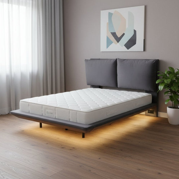 HomeRoots Gray Tufted Upholstered Full Bed Frame with USB Port, LED Lighting & Modern Design for Comfort 590505