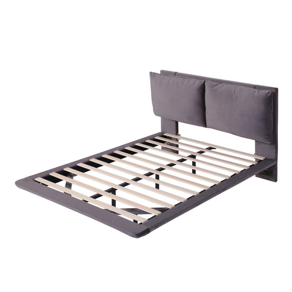 HomeRoots Gray Tufted Upholstered Full Bed Frame with USB Port, LED Lighting & Modern Design for Comfort 590505