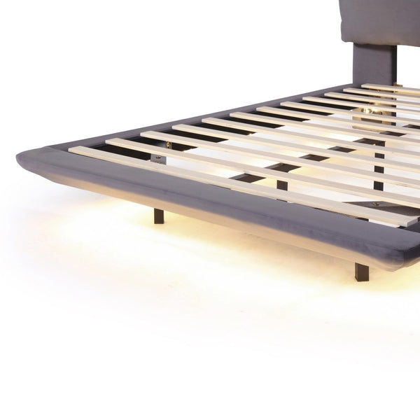 HomeRoots Gray Tufted Upholstered Full Bed Frame with USB Port, LED Lighting & Modern Design for Comfort 590505