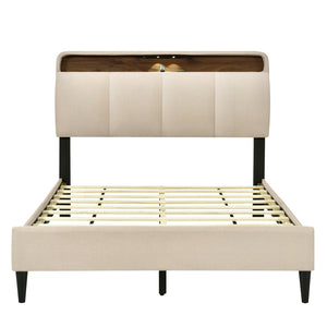 HomeRoots Beige Tufted Upholstered Full Bed Frame with USB Charging – Elegant, Stylish, and Practical Design! 590506