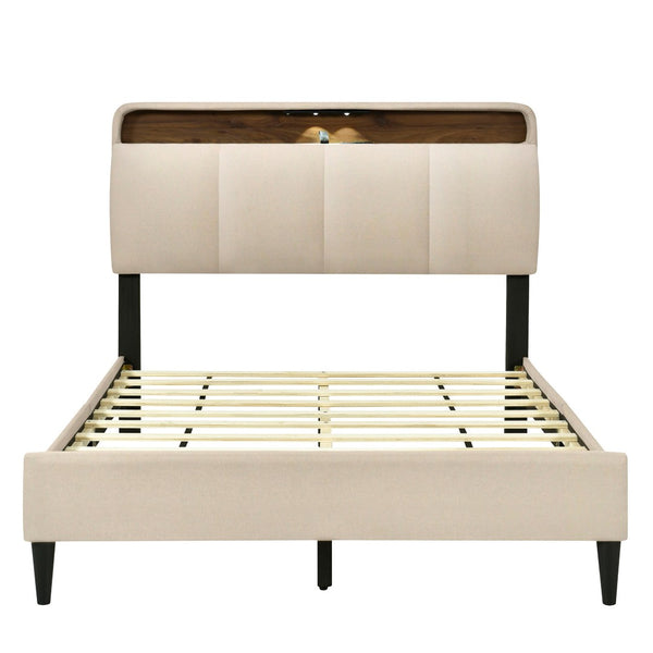 HomeRoots Beige Tufted Upholstered Full Bed Frame with USB Charging – Elegant, Stylish, and Practical Design! 590506