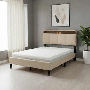 HomeRoots Beige Tufted Upholstered Full Bed Frame with USB Charging – Elegant, Stylish, and Practical Design! 590506