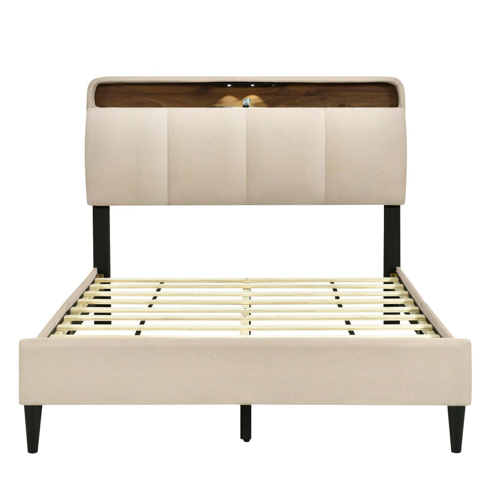 HomeRoots Beige Tufted Upholstered Full Bed Frame with USB Charging – Elegant, Stylish, and Practical Design! 590506
