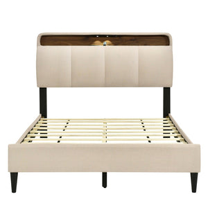 HomeRoots Beige Tufted Upholstered Full Bed Frame with USB Charging – Elegant, Stylish, and Practical Design! 590506