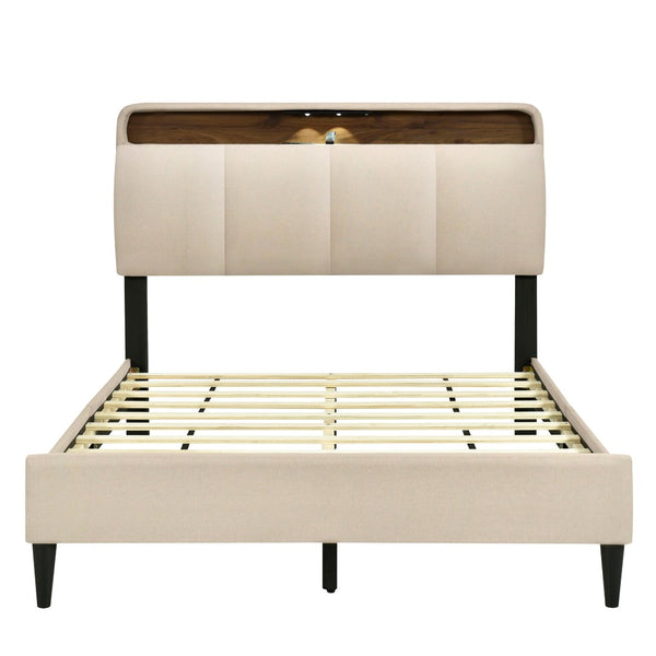HomeRoots Beige Tufted Upholstered Full Bed Frame with USB Charging – Elegant, Stylish, and Practical Design! 590506