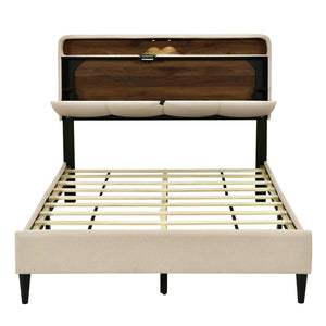 HomeRoots Beige Tufted Upholstered Full Bed Frame with USB Charging – Elegant, Stylish, and Practical Design! 590506