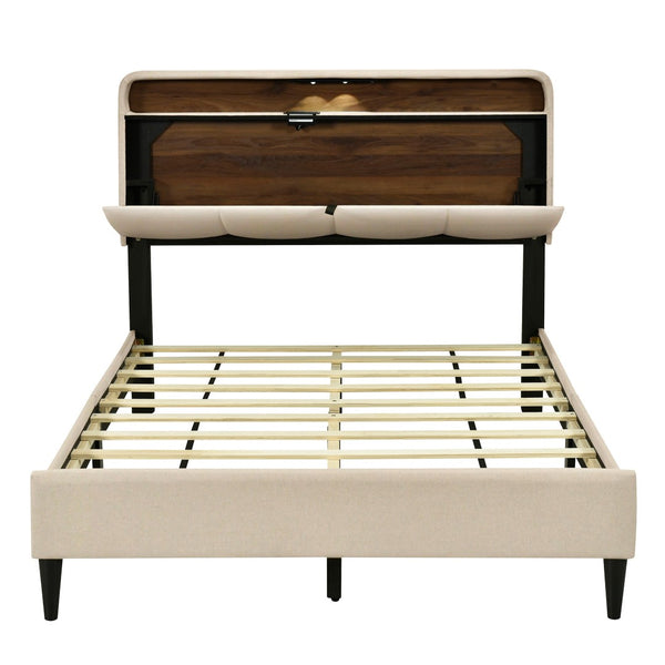 HomeRoots Beige Tufted Upholstered Full Bed Frame with USB Charging – Elegant, Stylish, and Practical Design! 590506