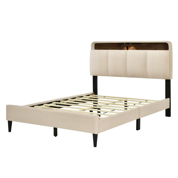 HomeRoots Beige Tufted Upholstered Full Bed Frame with USB Charging – Elegant, Stylish, and Practical Design! 590506