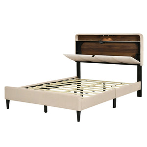 HomeRoots Beige Tufted Upholstered Full Bed Frame with USB Charging – Elegant, Stylish, and Practical Design! 590506