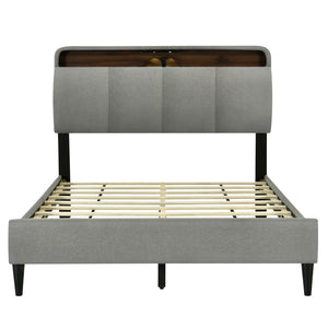 HomeRoots Gray Tufted Upholstered Full Bed Frame with USB Port - Modern Design, Cozy Comfort, and Style! 590507