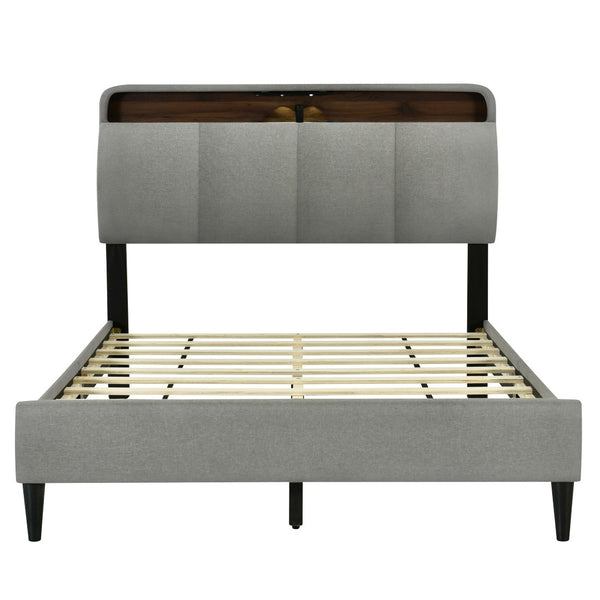 HomeRoots Gray Tufted Upholstered Full Bed Frame with USB Port - Modern Design, Cozy Comfort, and Style! 590507