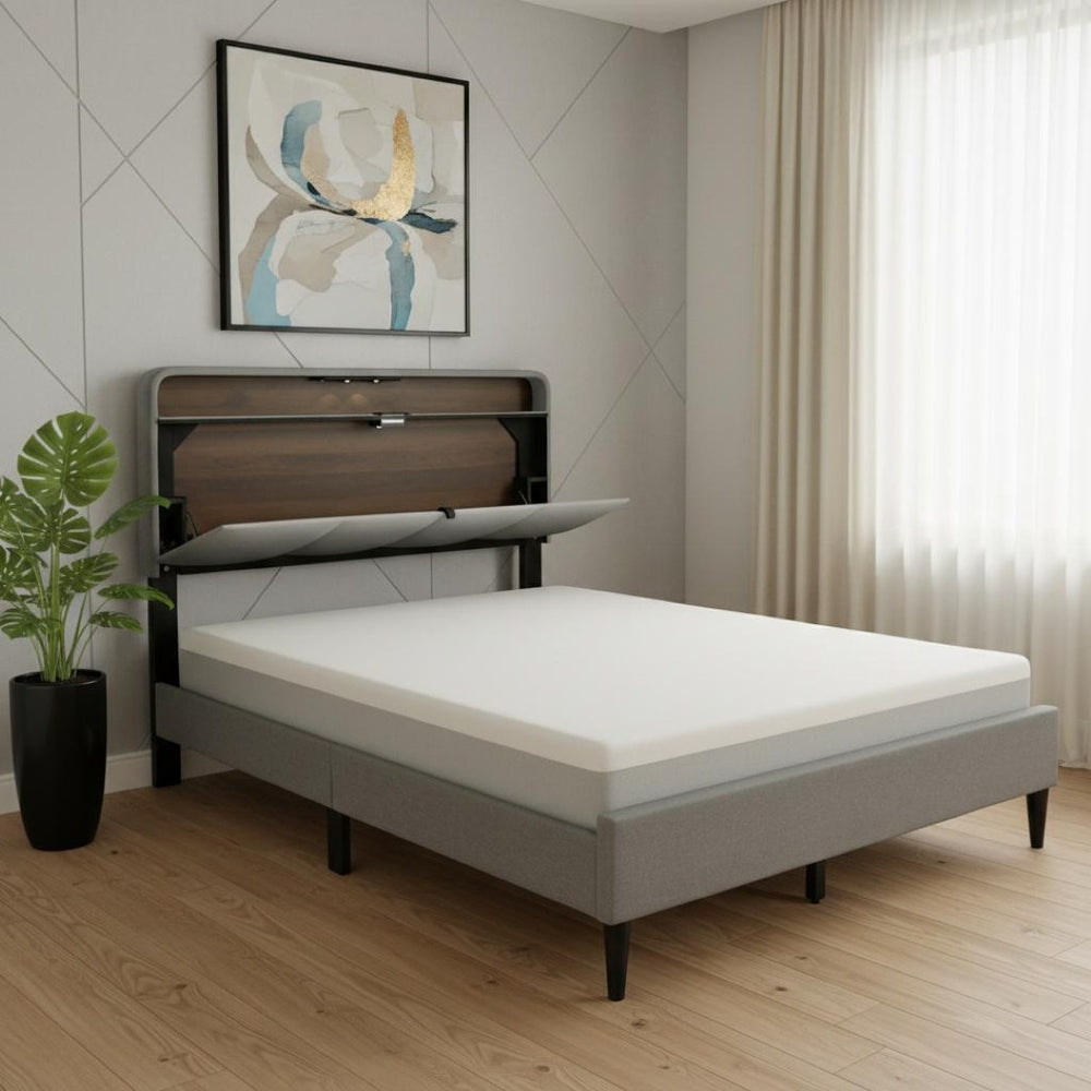 HomeRoots Gray Tufted Upholstered Full Bed Frame with USB Port - Modern Design, Cozy Comfort, and Style! 590507