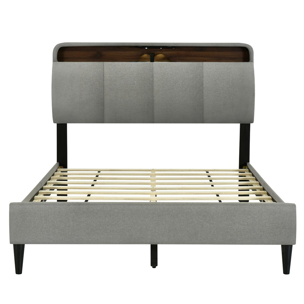 HomeRoots Gray Tufted Upholstered Full Bed Frame with USB Port - Modern Design, Cozy Comfort, and Style! 590507