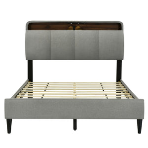 HomeRoots Gray Tufted Upholstered Full Bed Frame with USB Port - Modern Design, Cozy Comfort, and Style! 590507