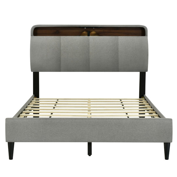HomeRoots Gray Tufted Upholstered Full Bed Frame with USB Port - Modern Design, Cozy Comfort, and Style! 590507