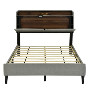 HomeRoots Gray Tufted Upholstered Full Bed Frame with USB Port - Modern Design, Cozy Comfort, and Style! 590507
