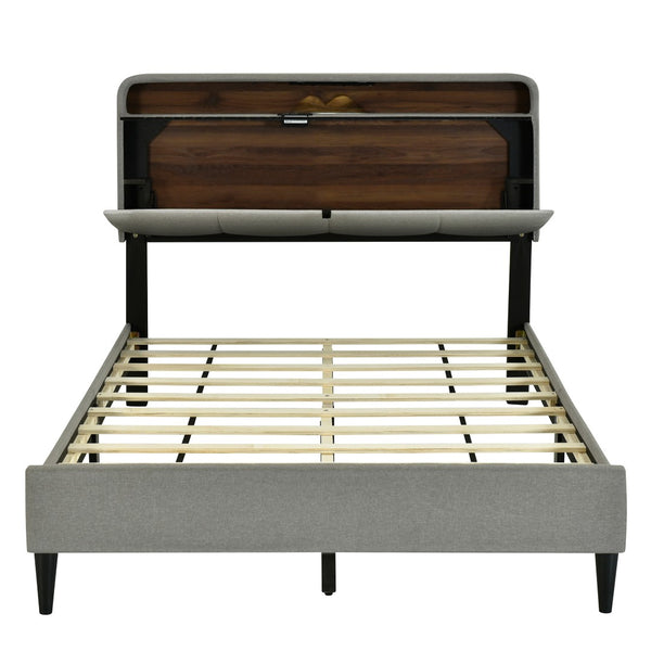 HomeRoots Gray Tufted Upholstered Full Bed Frame with USB Port - Modern Design, Cozy Comfort, and Style! 590507