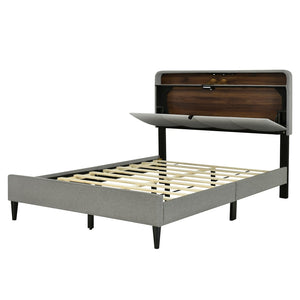 HomeRoots Gray Tufted Upholstered Full Bed Frame with USB Port - Modern Design, Cozy Comfort, and Style! 590507