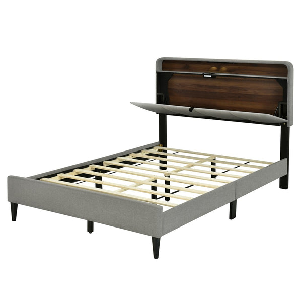 HomeRoots Gray Tufted Upholstered Full Bed Frame with USB Port - Modern Design, Cozy Comfort, and Style! 590507