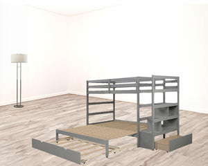 HomeRoots Gray Twin Over Twin Wood Bunk Bed with Built-In Storage, Stairs, Safety Features & Stylish Design 590508
