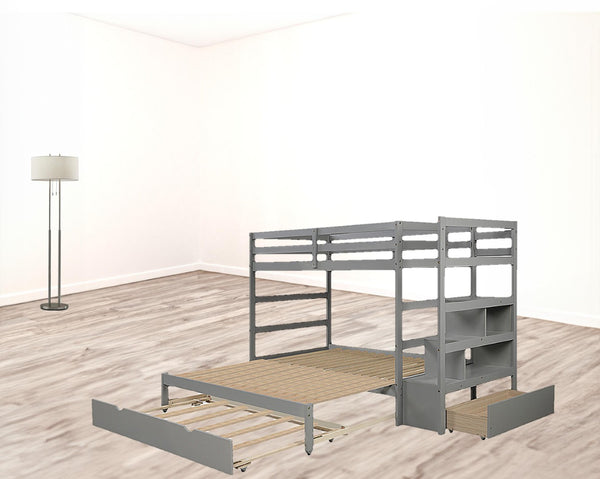 HomeRoots Gray Twin Over Twin Wood Bunk Bed with Built-In Storage, Stairs, Safety Features & Stylish Design 590508
