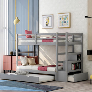 HomeRoots Gray Twin Over Twin Wood Bunk Bed with Built-In Storage, Stairs, Safety Features & Stylish Design 590508