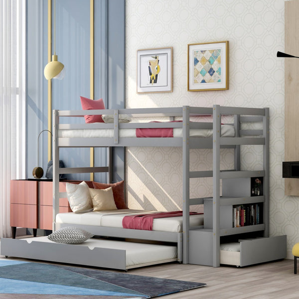 HomeRoots Gray Twin Over Twin Wood Bunk Bed with Built-In Storage, Stairs, Safety Features & Stylish Design 590508