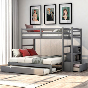 HomeRoots Gray Twin Over Twin Wood Bunk Bed with Built-In Storage, Stairs, Safety Features & Stylish Design 590508