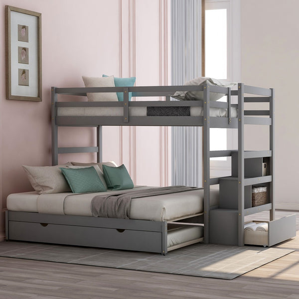 HomeRoots Gray Twin Over Twin Wood Bunk Bed with Built-In Storage, Stairs, Safety Features & Stylish Design 590508