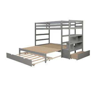 HomeRoots Gray Twin Over Twin Wood Bunk Bed with Built-In Storage, Stairs, Safety Features & Stylish Design 590508