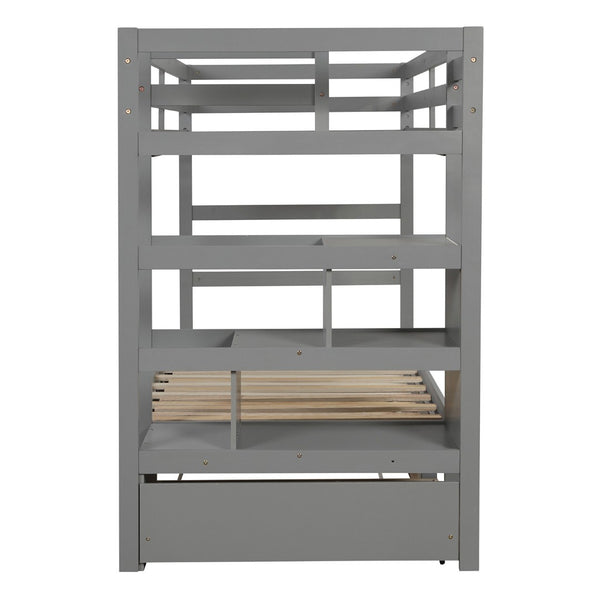 HomeRoots Gray Twin Over Twin Wood Bunk Bed with Built-In Storage, Stairs, Safety Features & Stylish Design 590508