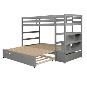 HomeRoots Gray Twin Over Twin Wood Bunk Bed with Built-In Storage, Stairs, Safety Features & Stylish Design 590508