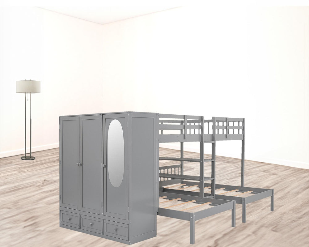 HomeRoots Gray Full Over Two Twins Wood Bunk Bed with Storage Solutions for Stylish Shared Bedrooms & Guests 590509