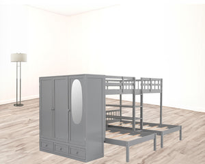 HomeRoots Gray Full Over Two Twins Wood Bunk Bed with Storage Solutions for Stylish Shared Bedrooms & Guests 590509