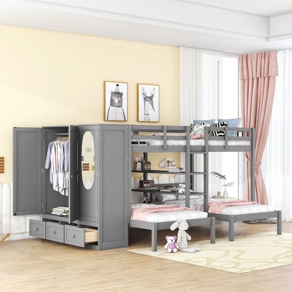 HomeRoots Gray Full Over Two Twins Wood Bunk Bed with Storage Solutions for Stylish Shared Bedrooms & Guests 590509