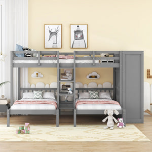 HomeRoots Gray Full Over Two Twins Wood Bunk Bed with Storage Solutions for Stylish Shared Bedrooms & Guests 590509