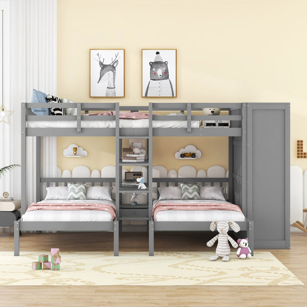 HomeRoots Gray Full Over Two Twins Wood Bunk Bed with Storage Solutions for Stylish Shared Bedrooms & Guests 590509