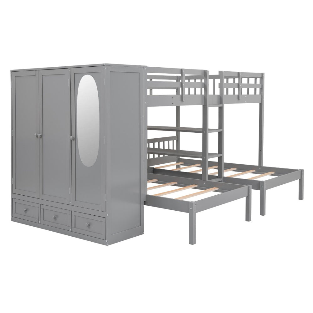 HomeRoots Gray Full Over Two Twins Wood Bunk Bed with Storage Solutions for Stylish Shared Bedrooms & Guests 590509