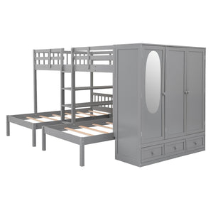 HomeRoots Gray Full Over Two Twins Wood Bunk Bed with Storage Solutions for Stylish Shared Bedrooms & Guests 590509
