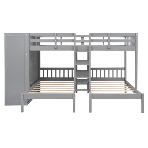 HomeRoots Gray Full Over Two Twins Wood Bunk Bed with Storage Solutions for Stylish Shared Bedrooms & Guests 590509
