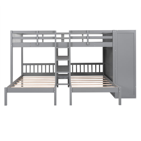 HomeRoots Gray Full Over Two Twins Wood Bunk Bed with Storage Solutions for Stylish Shared Bedrooms & Guests 590509
