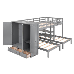 HomeRoots Gray Full Over Two Twins Wood Bunk Bed with Storage Solutions for Stylish Shared Bedrooms & Guests 590509