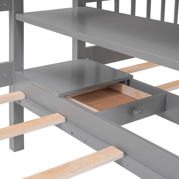 HomeRoots Gray Full Over Two Twins Wood Bunk Bed with Storage Solutions for Stylish Shared Bedrooms & Guests 590509