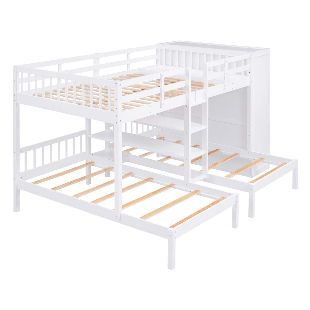 HomeRoots White Full Over Two Twins Bunk Bed with Built-In Storage – Stylish, Durable, and Space-Saving Design! 590510