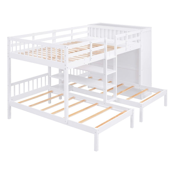 HomeRoots White Full Over Two Twins Bunk Bed with Built-In Storage – Stylish, Durable, and Space-Saving Design! 590510
