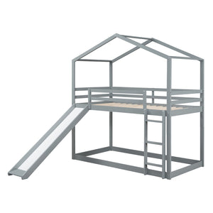 HomeRoots Gray Twin Over Twin Wood Bunk Bed with Integrated Slide - Stylish Space-Saving Solution for Kids! 590512