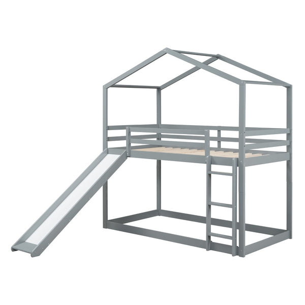 HomeRoots Gray Twin Over Twin Wood Bunk Bed with Integrated Slide - Stylish Space-Saving Solution for Kids! 590512
