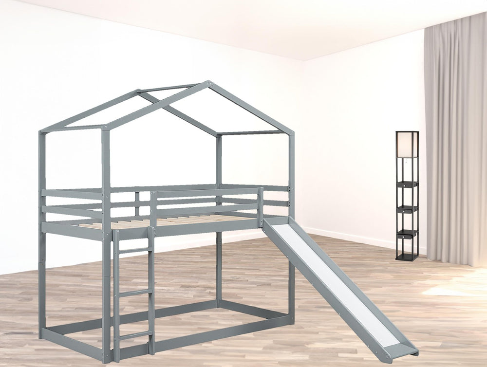 HomeRoots Gray Twin Over Twin Wood Bunk Bed with Integrated Slide - Stylish Space-Saving Solution for Kids! 590512