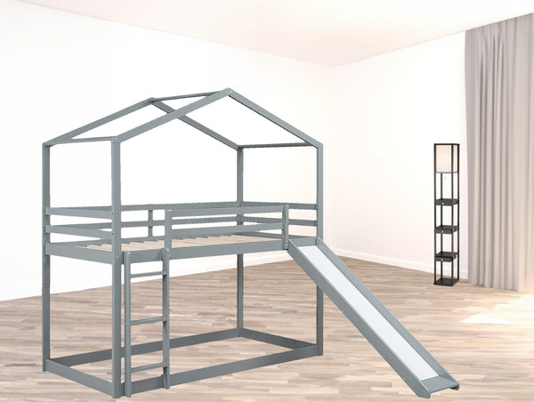 HomeRoots Gray Twin Over Twin Wood Bunk Bed with Integrated Slide - Stylish Space-Saving Solution for Kids! 590512