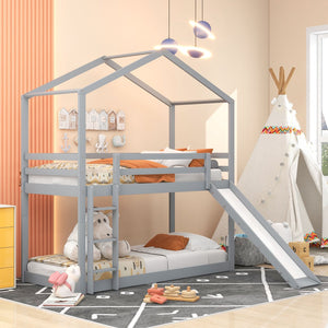 HomeRoots Gray Twin Over Twin Wood Bunk Bed with Integrated Slide - Stylish Space-Saving Solution for Kids! 590512
